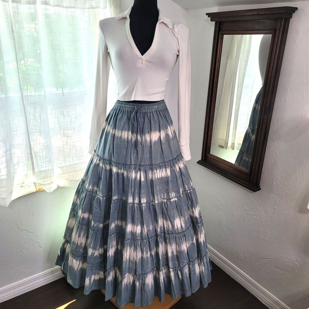 Sole S/M Tiered Linen Cotton Skirt Blue Tie Dye Elastic Waist+ Free Crop Shirt